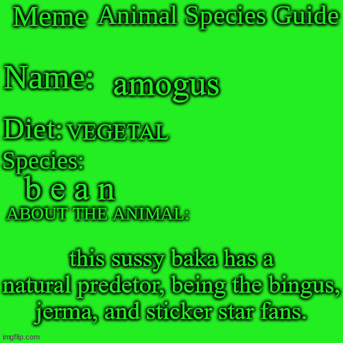 Meme Animal Species Guide | amogus; VEGETAL; b e a n; this sussy baka has a natural predetor, being the bingus, jerma, and sticker star fans. | image tagged in meme animal species guide | made w/ Imgflip meme maker