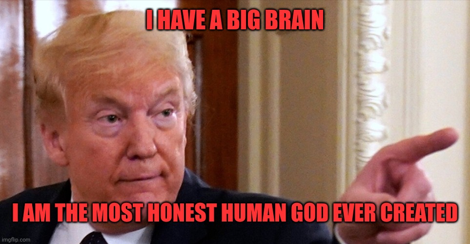 Trump pointing | I HAVE A BIG BRAIN I AM THE MOST HONEST HUMAN GOD EVER CREATED | image tagged in trump pointing | made w/ Imgflip meme maker