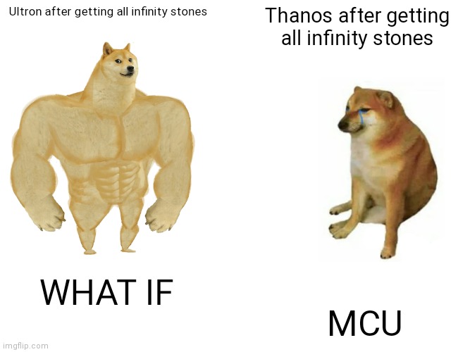 Mcu be like | Ultron after getting all infinity stones; Thanos after getting all infinity stones; WHAT IF; MCU | image tagged in memes,buff doge vs cheems | made w/ Imgflip meme maker