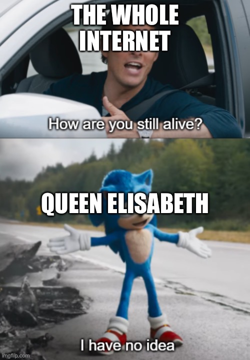 How old is she hmmm | THE WHOLE INTERNET; QUEEN ELISABETH | image tagged in sonic how are you still alive | made w/ Imgflip meme maker
