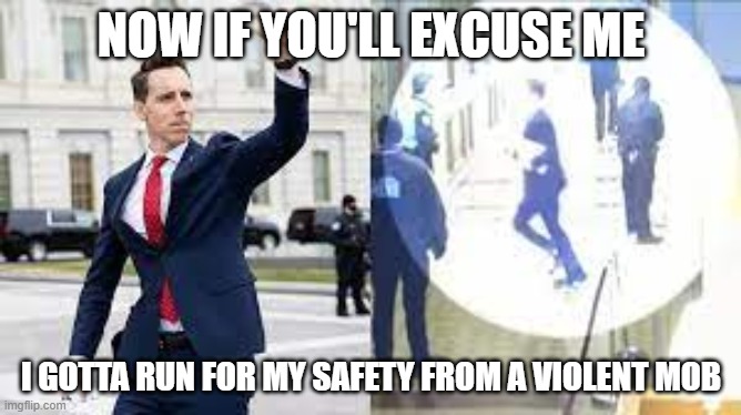 Josh Hawley | NOW IF YOU'LL EXCUSE ME; I GOTTA RUN FOR MY SAFETY FROM A VIOLENT MOB | image tagged in josh hawley | made w/ Imgflip meme maker