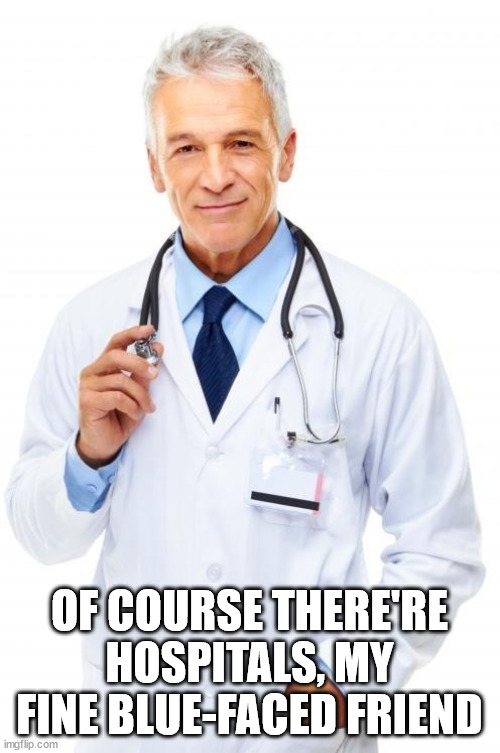Doctor | OF COURSE THERE'RE HOSPITALS, MY FINE BLUE-FACED FRIEND | image tagged in doctor | made w/ Imgflip meme maker