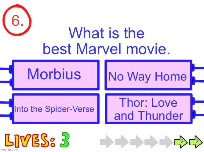 I’ll explain this one in the comments | 6. What is the best Marvel movie. Morbius; No Way Home; Into the Spider-Verse; Thor: Love and Thunder | image tagged in blank the impossible quiz question | made w/ Imgflip meme maker