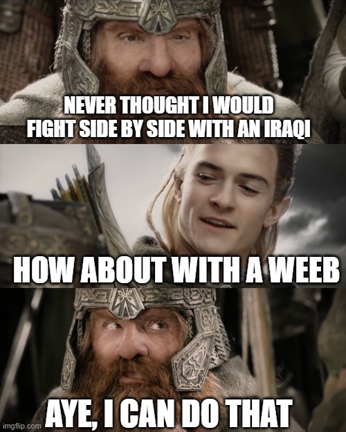 Aye, I Could Do That Blank | NEVER THOUGHT I WOULD FIGHT SIDE BY SIDE WITH AN IRAQI; HOW ABOUT WITH A WEEB; AYE, I CAN DO THAT | image tagged in aye i could do that blank | made w/ Imgflip meme maker