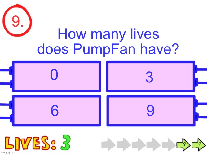 Another one I’m going to explain | 9. How many lives does PumpFan have? 3; 6; 9 | image tagged in blank the impossible quiz question | made w/ Imgflip meme maker