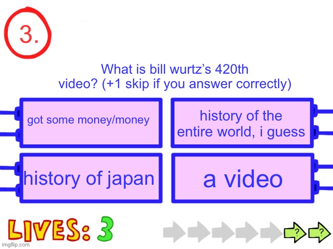 Blank the impossible quiz question | 3. What is bill wurtz’s 420th video? (+1 skip if you answer correctly); got some money/money; history of the entire world, i guess; history of japan; a video | image tagged in blank the impossible quiz question | made w/ Imgflip meme maker