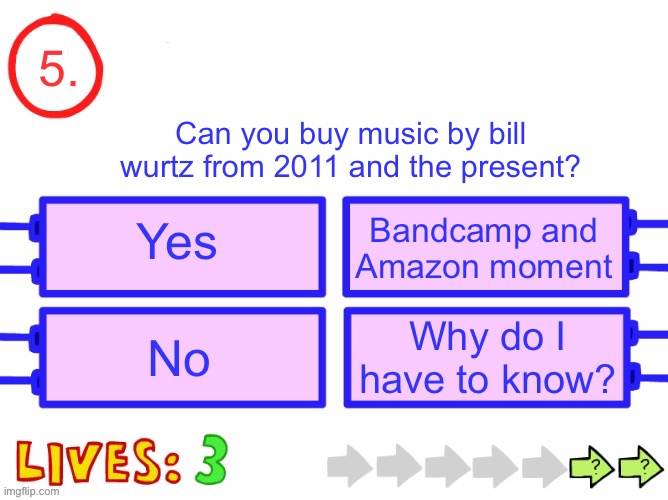 Blank the impossible quiz question | 5. Can you buy music by bill wurtz from 2011 and the present? Yes; Bandcamp and Amazon moment; No; Why do I have to know? | image tagged in blank the impossible quiz question | made w/ Imgflip meme maker