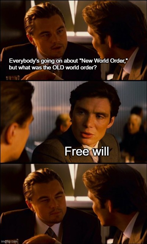 They're not using it anyway | Everybody's going on about "New World Order," 
but what was the OLD world order? Free will | image tagged in conversation | made w/ Imgflip meme maker