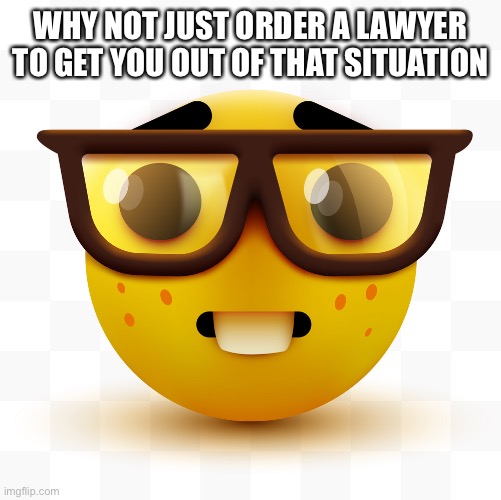 Nerd emoji | WHY NOT JUST ORDER A LAWYER TO GET YOU OUT OF THAT SITUATION | image tagged in nerd emoji | made w/ Imgflip meme maker