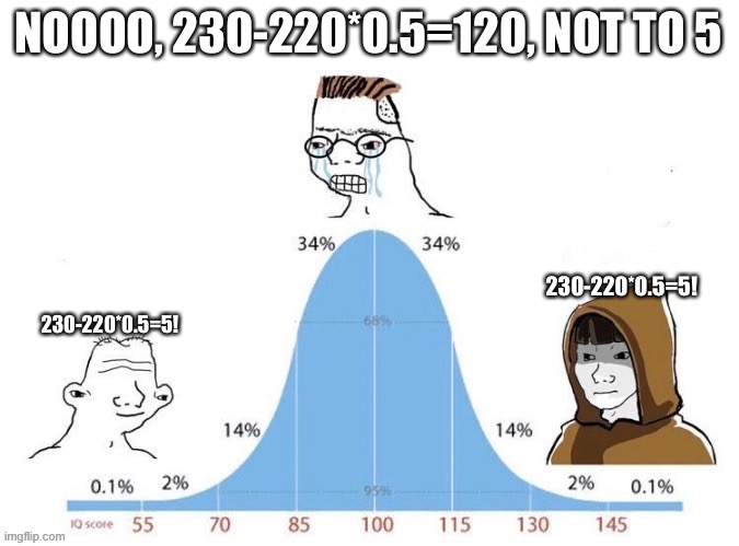 230-220*0.5=5! | NOOOO, 230-220*0.5=120, NOT TO 5; 230-220*0.5=5! 230-220*0.5=5! | image tagged in bell curve,math | made w/ Imgflip meme maker