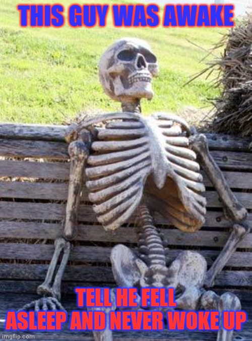 Waiting Skeleton Meme | THIS GUY WAS AWAKE; TELL HE FELL ASLEEP AND NEVER WOKE UP | image tagged in memes,waiting skeleton | made w/ Imgflip meme maker