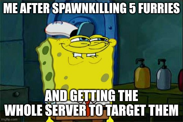 Don't You Squidward | ME AFTER SPAWNKILLING 5 FURRIES; AND GETTING THE WHOLE SERVER TO TARGET THEM | image tagged in memes,don't you squidward | made w/ Imgflip meme maker