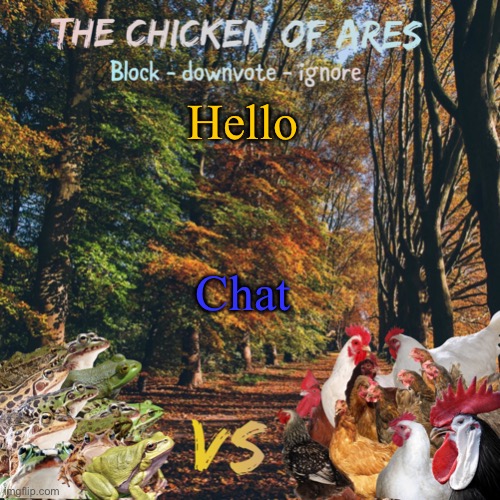 Chicken of Ares announces crap for everyone | Hello; Chat | image tagged in chicken of ares announces crap for everyone | made w/ Imgflip meme maker