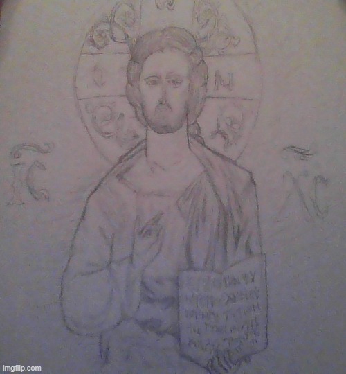 drew jesus again but by hand. I used a reference image, but I did not trace | made w/ Imgflip meme maker