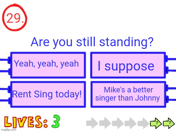 Don't add anything to the title. (Remus note: I added something to the title, cry about it)(lord note: hi) | 29. Are you still standing? Yeah, yeah, yeah; I suppose; Rent Sing today! Mike's a better singer than Johnny | image tagged in blank the impossible quiz question | made w/ Imgflip meme maker
