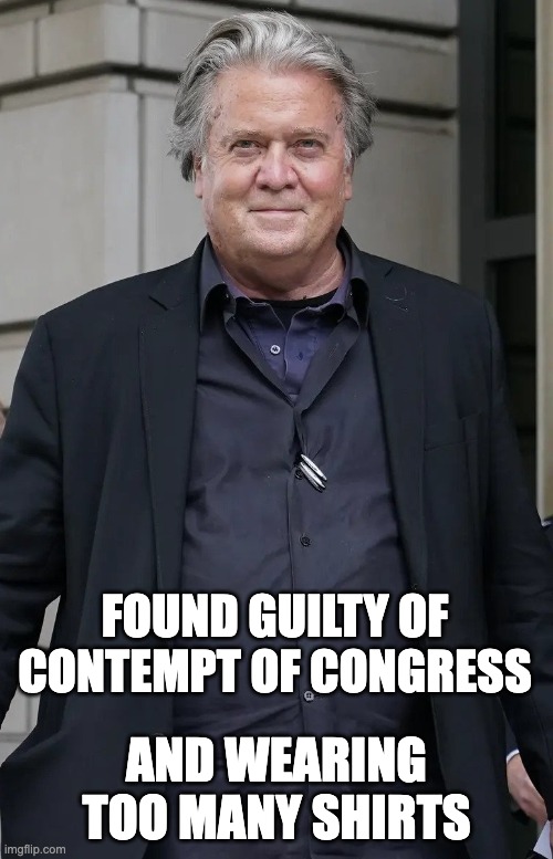 Too many shirts | FOUND GUILTY OF CONTEMPT OF CONGRESS; AND WEARING TOO MANY SHIRTS | image tagged in steve bannon | made w/ Imgflip meme maker