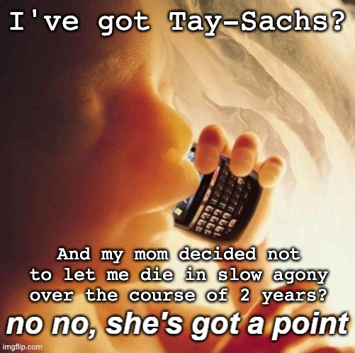 Fetus phone no no she's got a point | I've got Tay-Sachs? And my mom decided not to let me die in slow agony over the course of 2 years? | image tagged in fetus phone no no she's got a point | made w/ Imgflip meme maker