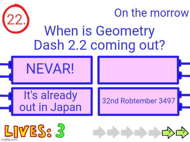 On the morrow was supposed to be top right | On the morrow; 22. When is Geometry Dash 2.2 coming out? NEVAR! It's already out in Japan; 32nd Robtember 3497 | image tagged in blank the impossible quiz question | made w/ Imgflip meme maker