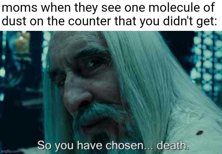 title. | moms when they see one molecule of dust on the counter that you didn't get: | image tagged in so you have chosen death,moms,memes | made w/ Imgflip meme maker