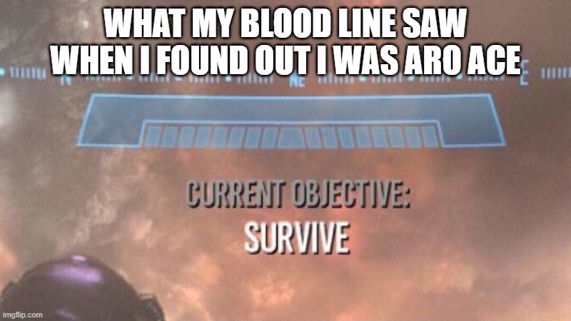 Current Objective: Survive | WHAT MY BLOOD LINE SAW WHEN I FOUND OUT I WAS ARO ACE | image tagged in current objective survive | made w/ Imgflip meme maker