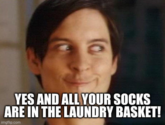 Spiderman Peter Parker Meme | YES AND ALL YOUR SOCKS ARE IN THE LAUNDRY BASKET! | image tagged in memes,spiderman peter parker | made w/ Imgflip meme maker