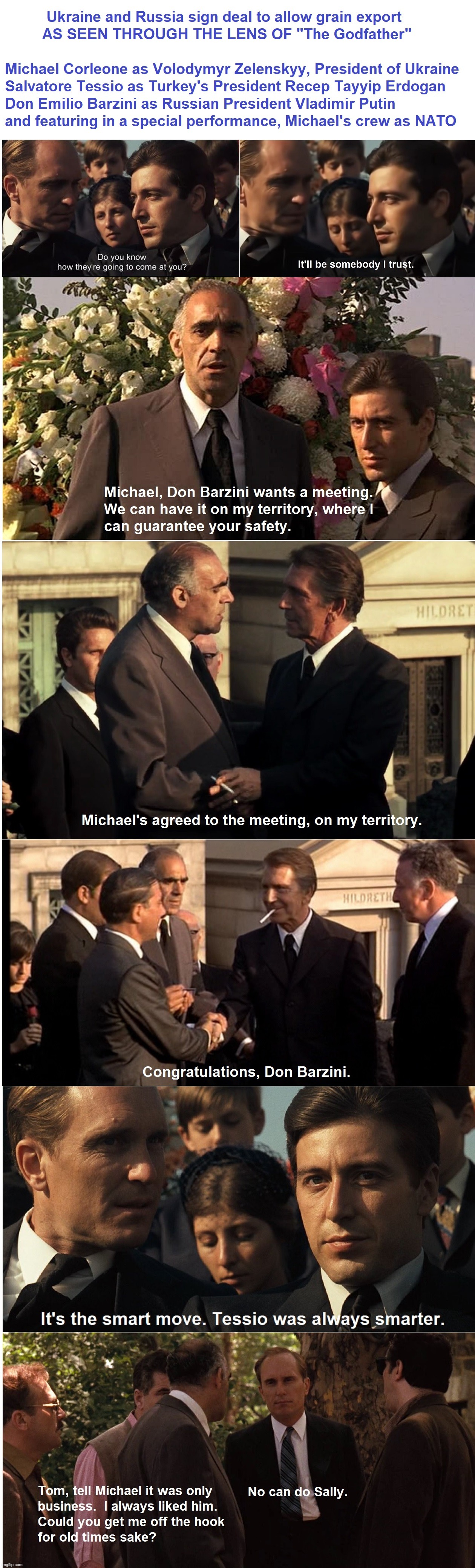 If only NATO had the balls to do to Turkey what Michael did to Tessio | image tagged in zelenskyy,erdogan,putin,feckless biden,nato | made w/ Imgflip meme maker