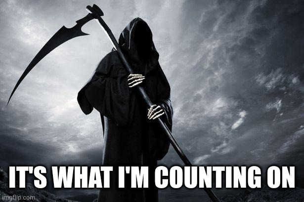 Death | IT'S WHAT I'M COUNTING ON | image tagged in death | made w/ Imgflip meme maker