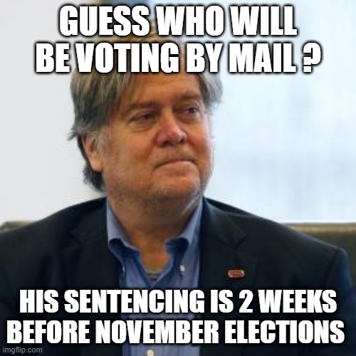Bannon voting from jail | GUESS WHO WILL BE VOTING BY MAIL ? HIS SENTENCING IS 2 WEEKS BEFORE NOVEMBER ELECTIONS | image tagged in steve bannon,jail | made w/ Imgflip meme maker