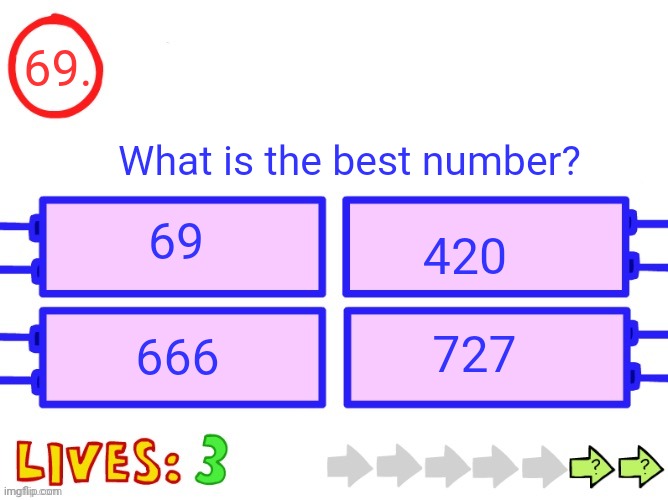 I'll explain this too | 69. What is the best number? 69; 420; 727; 666 | image tagged in blank the impossible quiz question | made w/ Imgflip meme maker