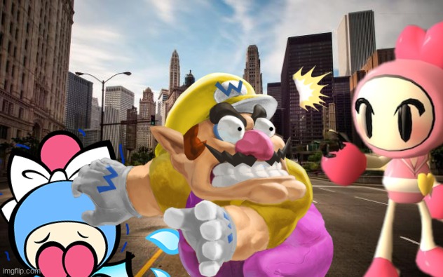 Wario gets shot by Pink Bomber for bullying her little sister.mp3 | image tagged in wario dies,wario,bomberman,gun | made w/ Imgflip meme maker