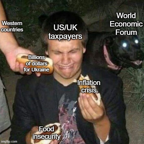 OH GAWD MAKE IT STAAAHP |  World Economic Forum; Western countries; US/UK taxpayers; Billions of dollars for Ukraine; Inflation crisis; Food insecurity | image tagged in inflation,world economic forum,ukraine | made w/ Imgflip meme maker