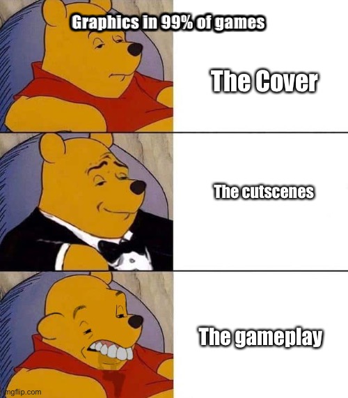 Winnie the Pooh game graphics | Graphics in 99% of games; The Cover; The cutscenes; The gameplay | image tagged in winnie the pooh | made w/ Imgflip meme maker