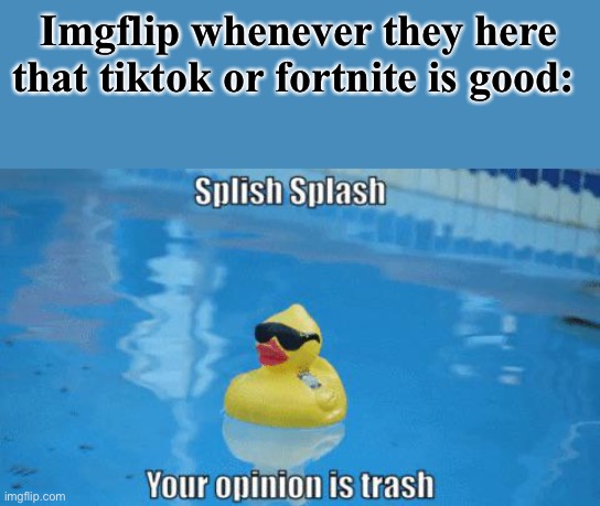 I mean, they can be fun/funny, it's just the toxic community | Imgflip whenever they here that tiktok or fortnite is good: | image tagged in splish splash your opinion is trash | made w/ Imgflip meme maker