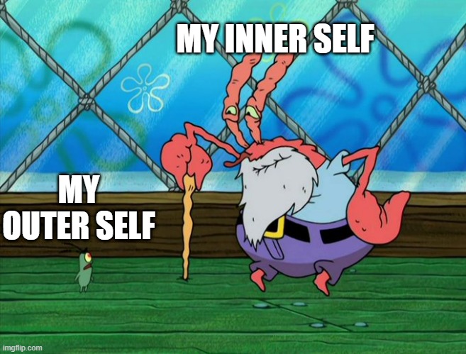  MY INNER SELF; MY OUTER SELF | image tagged in funny,old,mr krabs,plankton | made w/ Imgflip meme maker