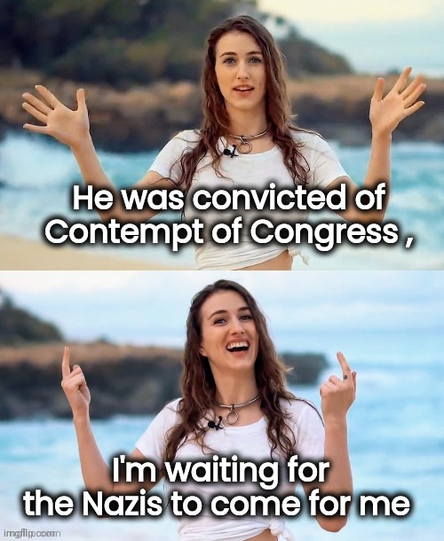 Beach joke | He was convicted of Contempt of Congress , I'm waiting for the Nazis to come for me | image tagged in beach joke | made w/ Imgflip meme maker