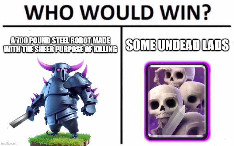 Logic |  A 700 POUND STEEL ROBOT MADE WITH THE SHEER PURPOSE OF KILLING; SOME UNDEAD LADS | image tagged in memes,who would win,clash of clans,clash royale,supercell | made w/ Imgflip meme maker