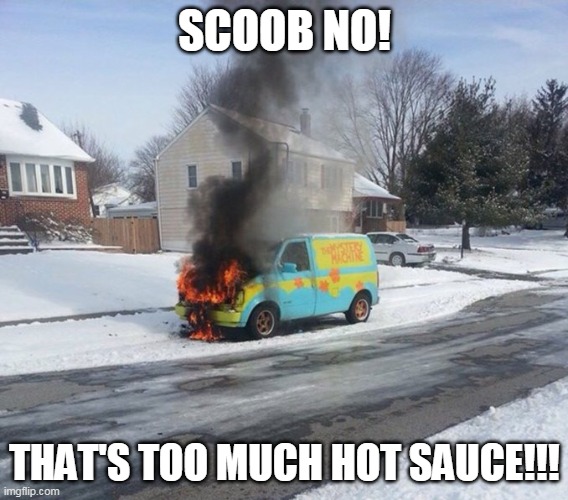 Can't take the heat get out of the car's kitchen |  SCOOB NO! THAT'S TOO MUCH HOT SAUCE!!! | image tagged in scooby doo,mystery,hanna barbera,cartoon,fire | made w/ Imgflip meme maker