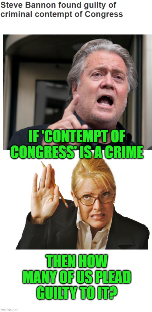 I am Sparticus! | IF 'CONTEMPT OF CONGRESS' IS A CRIME; THEN HOW MANY OF US PLEAD GUILTY TO IT? | image tagged in guilty raising hand,contempt of congress,steve bannon | made w/ Imgflip meme maker