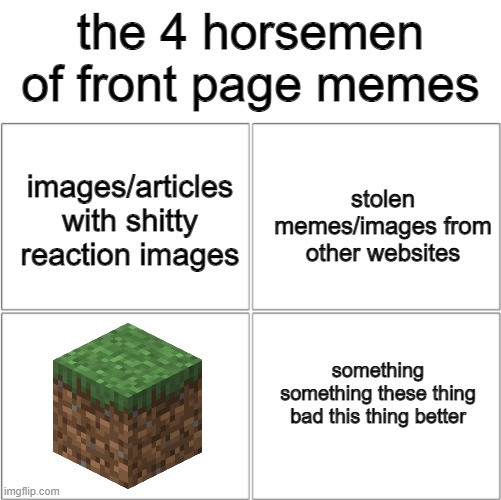 The 4 horsemen of | the 4 horsemen of front page memes; stolen memes/images from other websites; images/articles with shitty reaction images; something something these thing bad this thing better | image tagged in the 4 horsemen of,meanwhile on imgflip | made w/ Imgflip meme maker