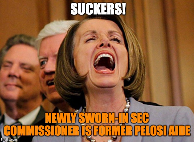 Pelosi  | SUCKERS! NEWLY SWORN-IN SEC COMMISSIONER IS FORMER PELOSI AIDE | image tagged in pelosi,wall street,democrats | made w/ Imgflip meme maker