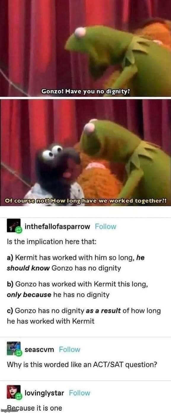 Gonzo vs. Kermit | image tagged in gonzo vs kermit | made w/ Imgflip meme maker