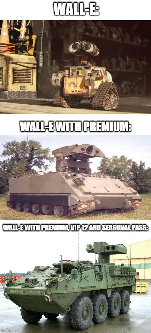  WALL-E:; WALL-E WITH PREMIUM:; WALL-E WITH PREMIUM, VIP 12 AND SEASONAL PASS: | image tagged in wall-e | made w/ Imgflip meme maker