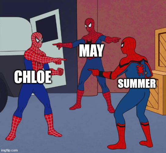 Kana Hanazawa voice 3 Pokemon Girls | MAY; CHLOE; SUMMER | image tagged in spider man triple,pokemon,women,girls,anime,japanese | made w/ Imgflip meme maker