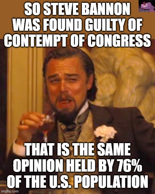 He should be rewarded for pointing out how bad Congress is. | SO STEVE BANNON WAS FOUND GUILTY OF CONTEMPT OF CONGRESS; THAT IS THE SAME OPINION HELD BY 76% OF THE U.S. POPULATION | image tagged in memes,laughing leo | made w/ Imgflip meme maker
