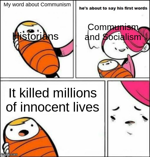 Its true | My word about Communism; Communism and Socialism; Historians; It killed millions of innocent lives | image tagged in he is about to say his first words | made w/ Imgflip meme maker