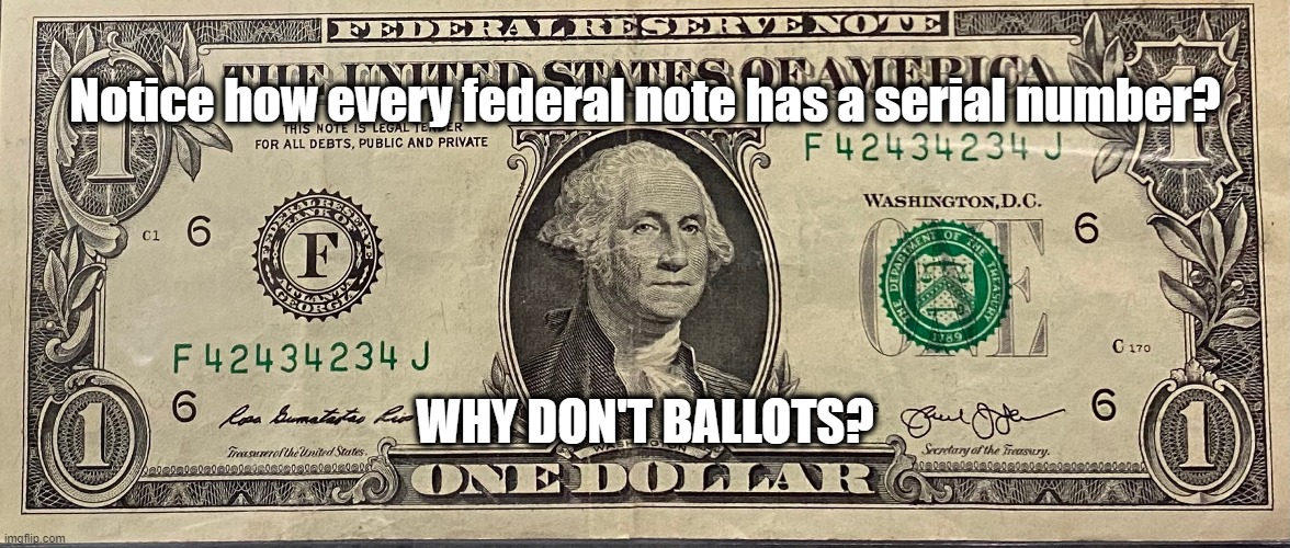 Such a farce! | Notice how every federal note has a serial number? WHY DON'T BALLOTS? | image tagged in ballot integrity,federal note,central bank,secure the vote,dark to light,voting integrity | made w/ Imgflip meme maker