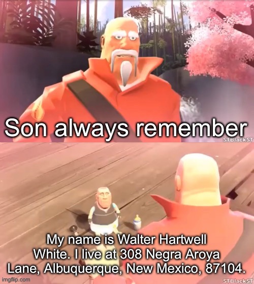 My name is Walter Hartwell White. I live at 308 Negra Aroya Lane, Albuquerque, New Mexico, 87104. | image tagged in dying is gay blank | made w/ Imgflip meme maker