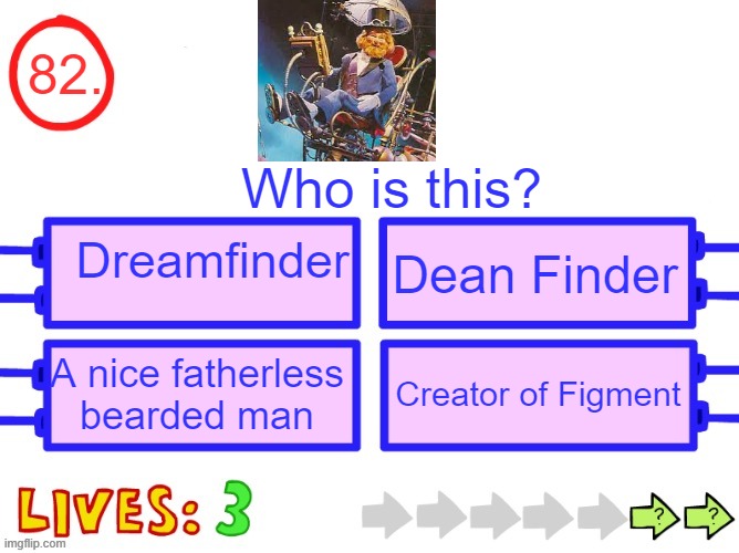 I don't think this one needs explanation | 82. Who is this? Dreamfinder; Dean Finder; A nice fatherless bearded man; Creator of Figment | image tagged in blank the impossible quiz question | made w/ Imgflip meme maker