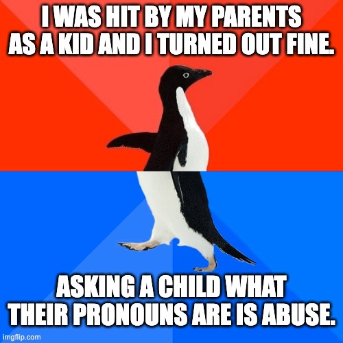 The "I was hit as a kid and turned out fine" generation has a very skewed perspective on what abuse is. |  I WAS HIT BY MY PARENTS AS A KID AND I TURNED OUT FINE. ASKING A CHILD WHAT THEIR PRONOUNS ARE IS ABUSE. | image tagged in memes,socially awesome awkward penguin,child abuse,transgender,lgbtq | made w/ Imgflip meme maker