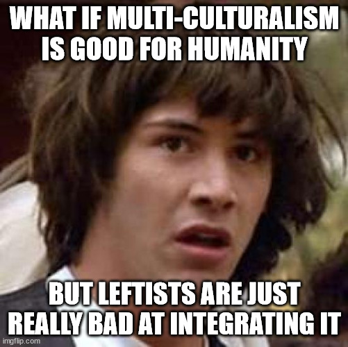 It's a possibility | WHAT IF MULTI-CULTURALISM IS GOOD FOR HUMANITY; BUT LEFTISTS ARE JUST REALLY BAD AT INTEGRATING IT | image tagged in memes,conspiracy keanu | made w/ Imgflip meme maker